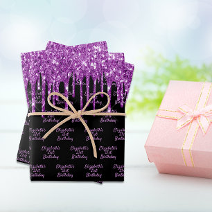 Birthday black purple glitter drips name glam wrapping paper sheet