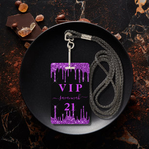 Birthday black purple glitter drips vip invitation ID badge