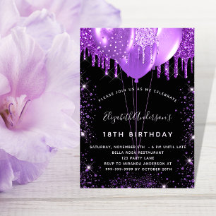 Birthday black purple glitter dust balloons invitation postcard