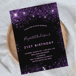 Birthday black purple glitter dust glamourous invitation postcard