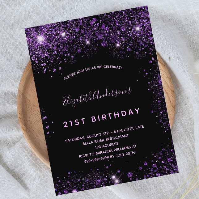 Birthday black purple glitter dust glamourous invitation postcard (Creator Uploaded)