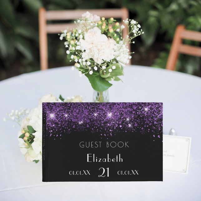 Birthday black purple glitter dust monogram name guest book (Creator Uploaded)