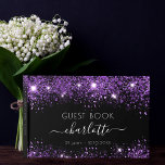 Birthday black purple glitter dust monogram name guest book<br><div class="desc">A guestbook for a feminine and glamourous 21st (or any age) birthday party.  A classic black background with purple faux glitter dust.  Add your name,  age 21/title    Personalise and add your text on the spine.</div>