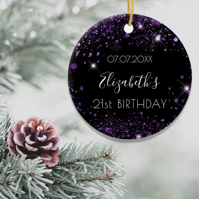 Birthday black purple glitter dust name elegant ceramic ornament (Creator Uploaded)