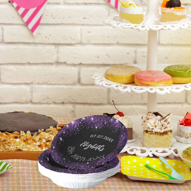 Birthday black purple glitter girl name paper plate (Creator Uploaded)