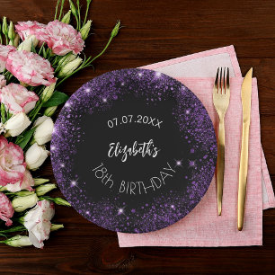Birthday black purple glitter girl name paper plate