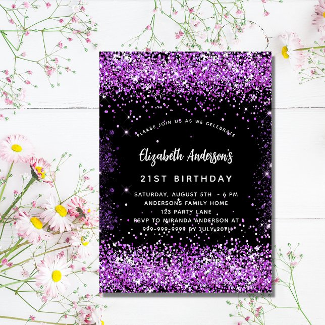 Birthday black purple glitter glamourous invitation postcard (Creator Uploaded)