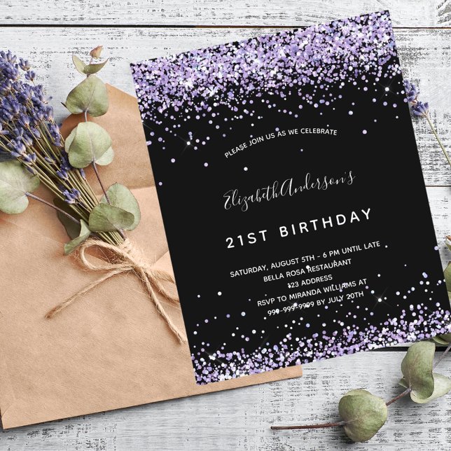 Birthday black purple glitter invitation (Creator Uploaded)