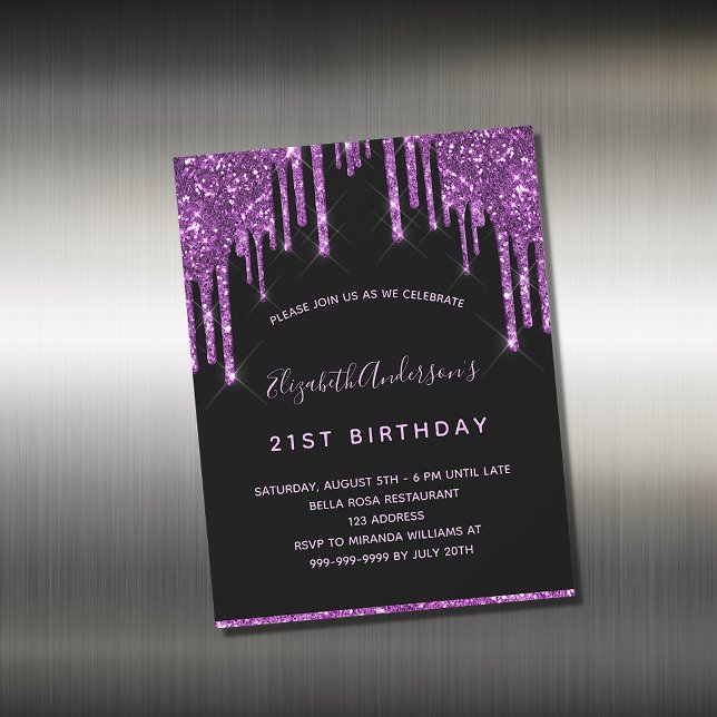 Birthday black purple glitter invitation magnet (Creator Uploaded)
