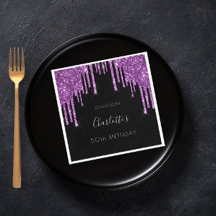 Birthday black purple glitter monogram luxurious napkin