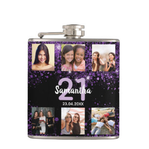 Birthday black purple glitter name photo collage hip flask