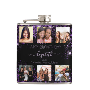 Birthday black purple glitter photo collage friend hip flask