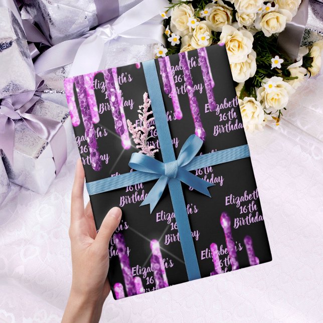 Birthday black purple glitter pink drips monogram wrapping paper (Creator Uploaded)