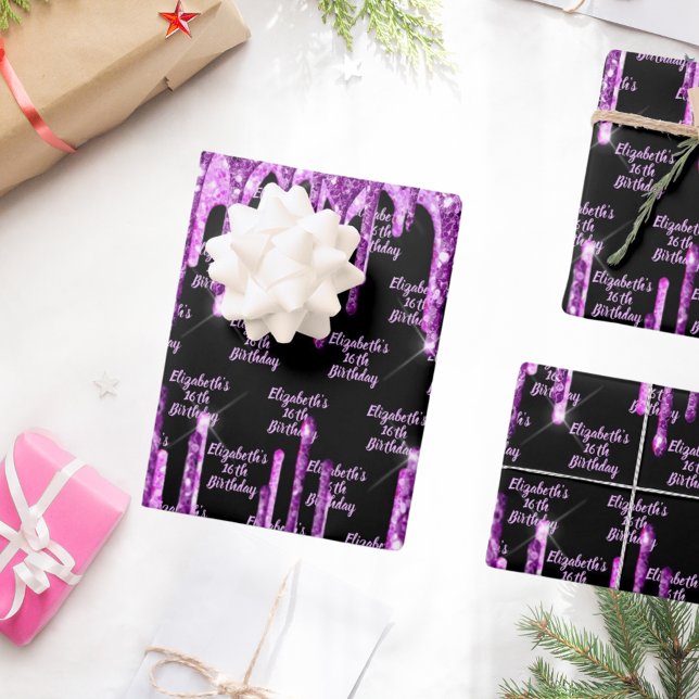 Birthday black purple glitter pink drips monogram  wrapping paper sheet (Creator Uploaded)