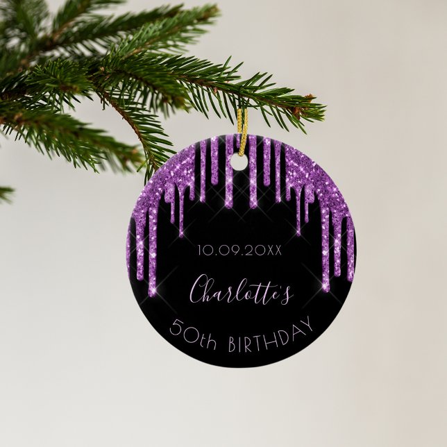 Birthday black purple glitter sparkle monogram ceramic ornament (Creator Uploaded)