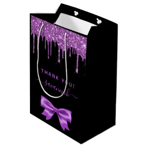 Birthday black purple glitter thank you favour medium gift bag