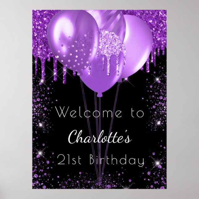 Birthday black purple glitter welcome balloons poster (Front)