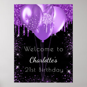 Birthday black purple glitter welcome balloons poster