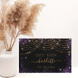 Birthday black purple gold glitter dust name guest book<br><div class="desc">A guestbook for a feminine and glamourous 21st (or any age) birthday party. A classic black background with purple and rose gold faux glitter dust and light strings. Personalise and add a name and age. The name is written with a modern hand lettered style script with swashes.. Add your text...</div>