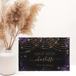 Birthday black purple gold glitter dust name guest book