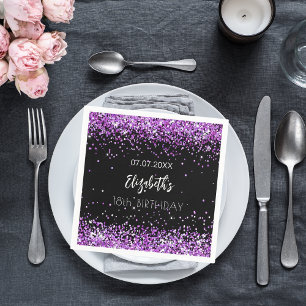 Birthday black purple name napkin
