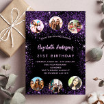 Birthday black purple sparkles photo friends invitation postcard<br><div class="desc">A girly and feminine 21st (or any age) birthday party invitation. On front: A chic black background. Decorated with dark purple faux glitter dust. Personalise and add a name,  party details and 6 photos. The name is written with a hand lettered style script,   light purple coloured letters.</div>