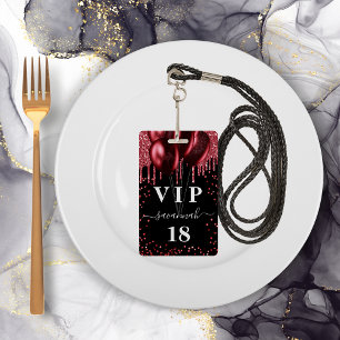 Birthday black red balloons glitter vip ID badge