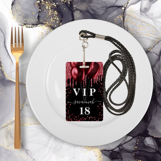 Birthday black red balloons glitter vip ID badge (Creator Uploaded)