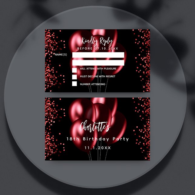 Birthday black red balloons party RSVP Enclosure Card (Creator Uploaded)