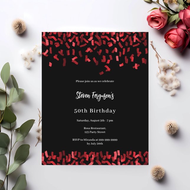 Birthday black red confetti invitation (Creator Uploaded)