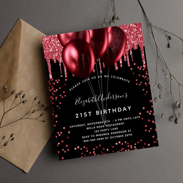 Birthday black red glitter budget invitation flyer (Creator Uploaded)