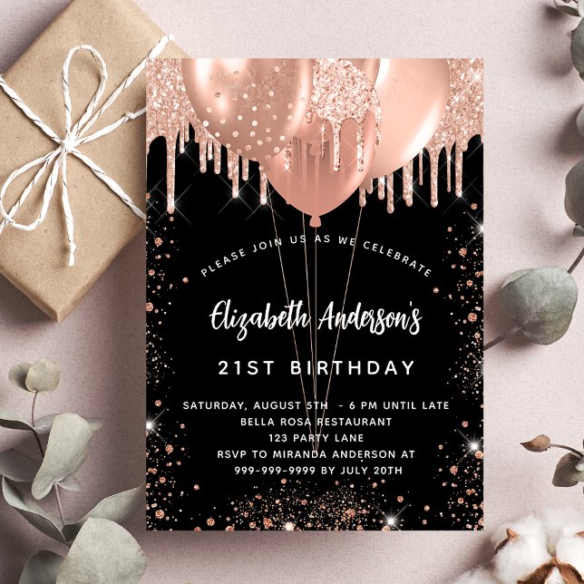 Birthday black rose gold balloons invitation (Creator Uploaded)