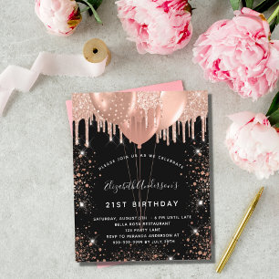 Birthday black rose gold balloons invitation