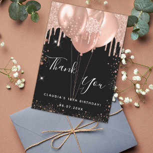 Birthday black rose gold balloons thank you card
