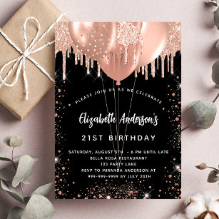 Birthday black rose gold glitter balloons invitation postcard