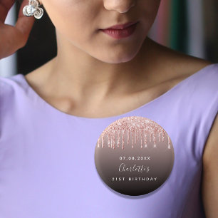 Birthday black rose gold glitter drips monogram  3 cm round badge