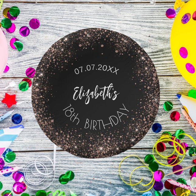 Birthday black rose gold glitter girl name paper plate (Creator Uploaded)