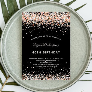 Birthday black rose gold glitter invitation