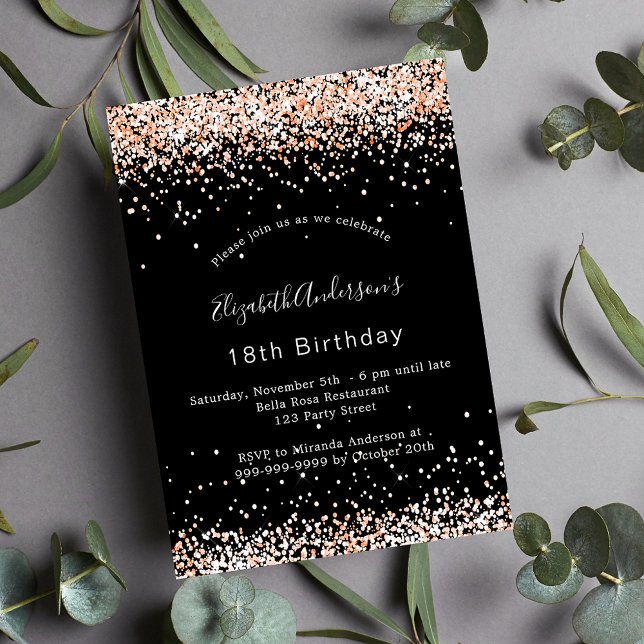Birthday black rose gold glitter luxury invitation (Creator Uploaded)