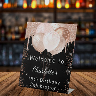 Birthday black rose gold glitter party welcome pedestal sign