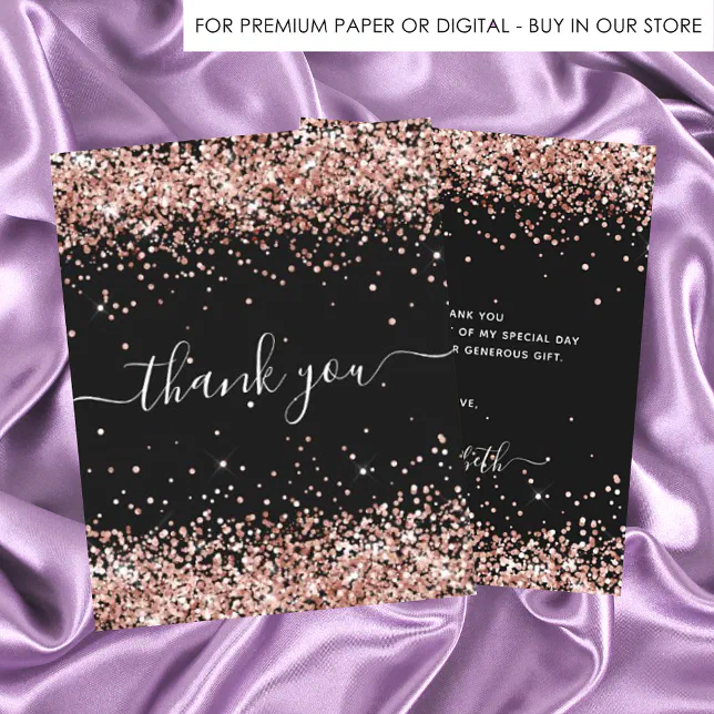 Birthday black rose gold glitter thank you card | Zazzle