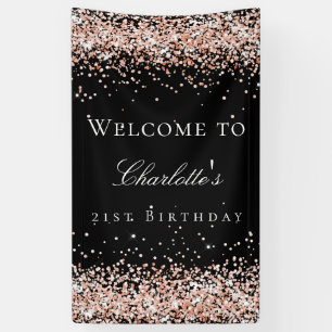 Birthday black rose gold glitter welcome banner