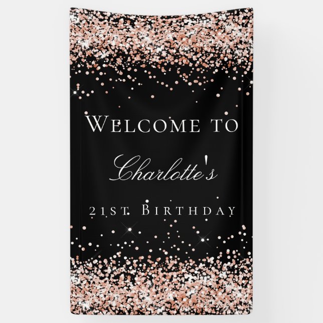 Birthday black rose gold glitter welcome banner (Vertical)