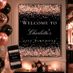 Birthday black rose gold glitter welcome poster