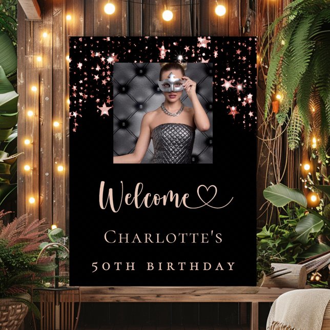 Birthday black rose gold photo stars welcome poster (Creator Uploaded)