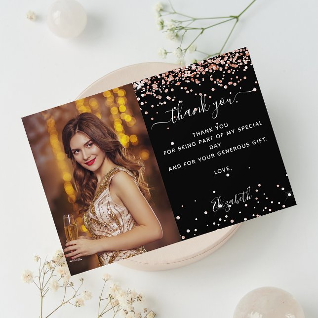 Birthday black rose gold photo thank you card (Creator Uploaded)