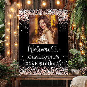 Birthday black rose gold photo welcome poster
