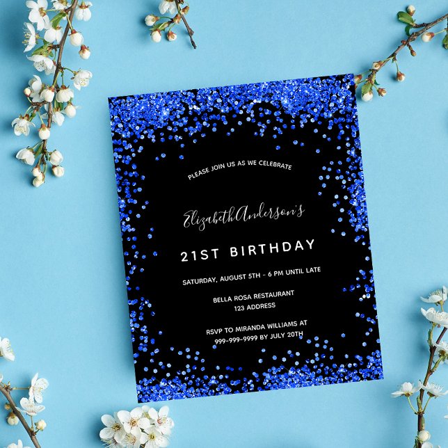 Birthday black royal blue budget invitation flyer (Creator Uploaded)