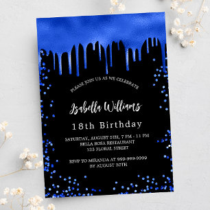 Birthday black royal blue drips invitation