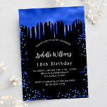 Birthday black royal blue drips invitation postcard<br><div class="desc">A girly and feminine 18th (or any age) birthday party invitation. On front: A chic black background. Decorated with royal paint dripping look. Personalise and add a name and party details. The name is written with a hand lettered style script.</div>